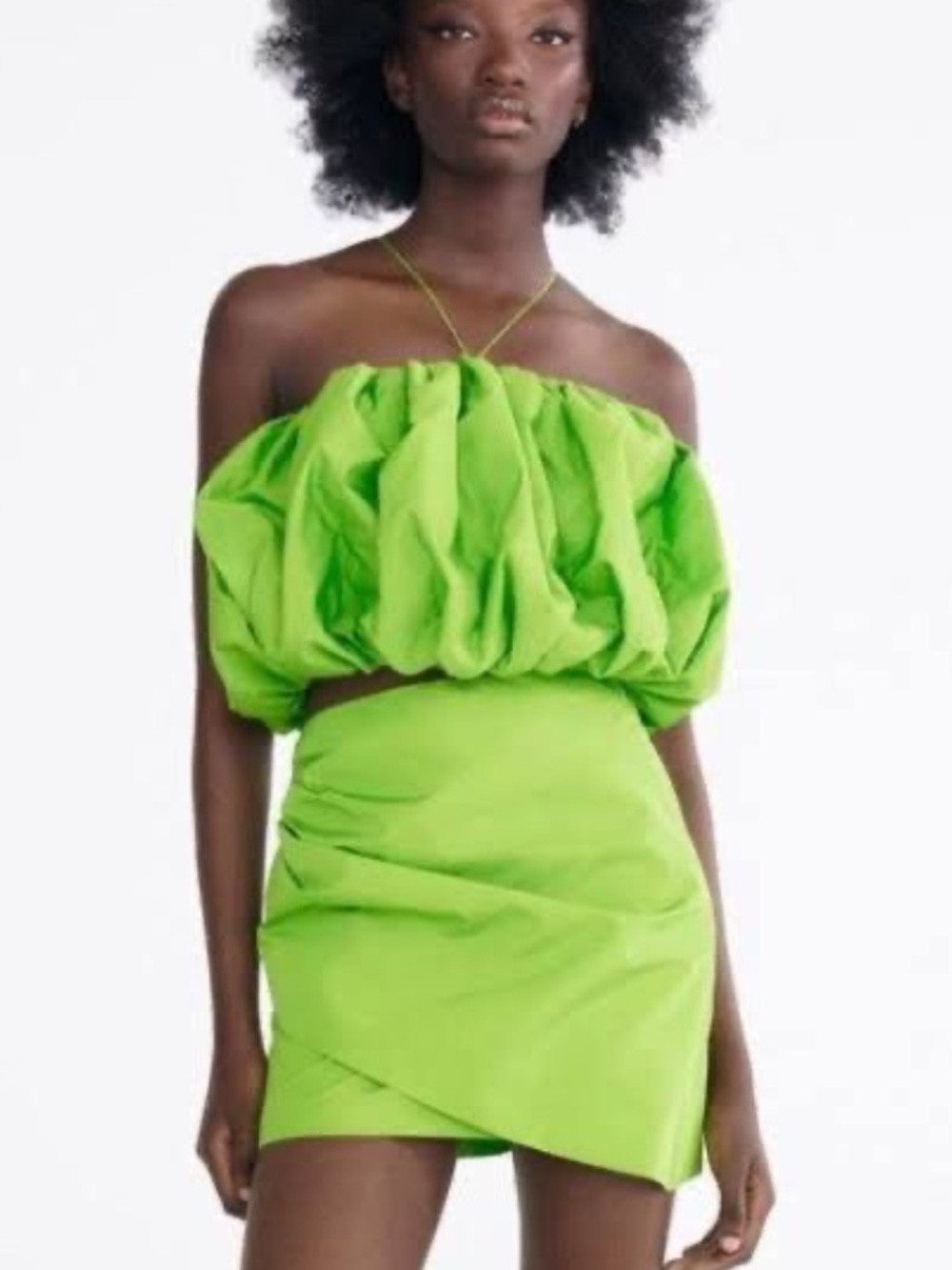 Zara Limited Edition Draped Mini Skirt Neon Green L Ruched Asymmetrical NWT
